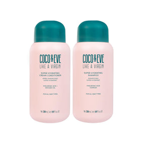 Coco & Eve front packaging showing the hydrating shampoo and conditioner, highlights salon-quality results