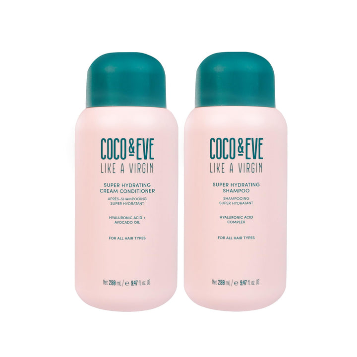 Coco & Eve front packaging showing the hydrating shampoo and conditioner, highlights salon-quality results