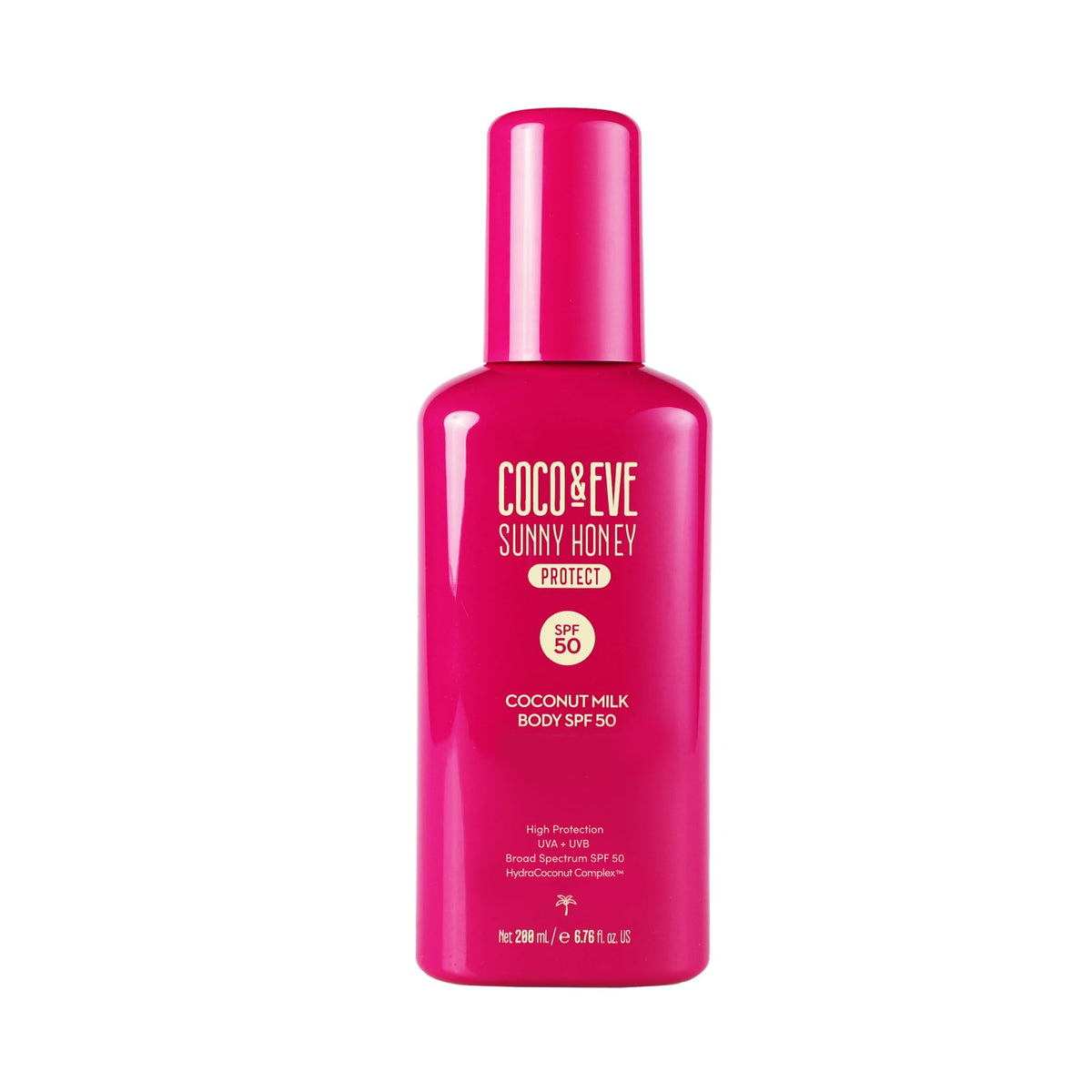Coco & Eve front packaging showing SPF 50 protection and sleek bottle design benefits daily use