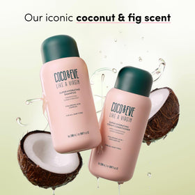 Coco & Eve conditioner cream texture on fingertip, illustrates thick, nourishing moisture delivery