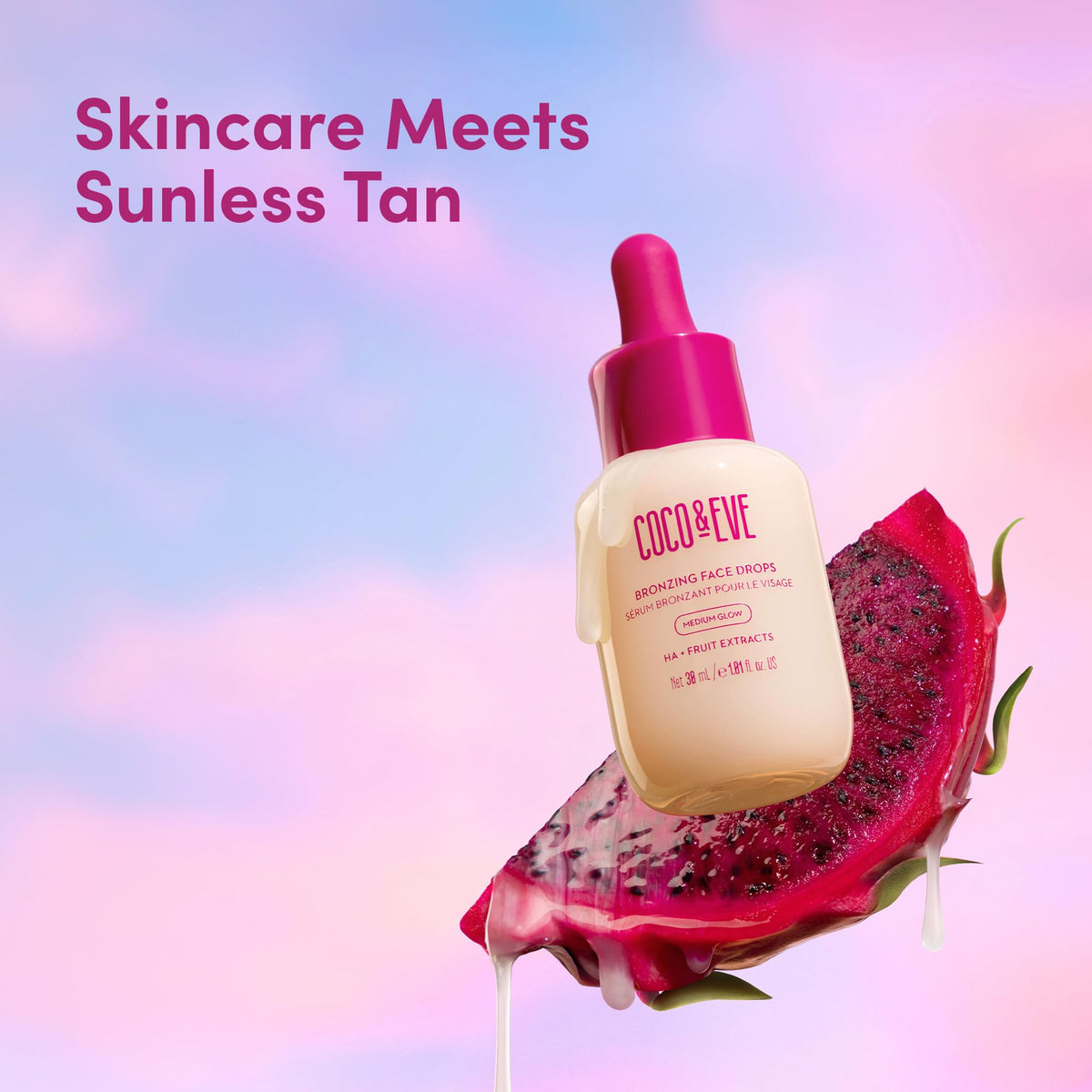 Coco & Eve dropper dispensing a bronzing drop highlighting precise dosage control