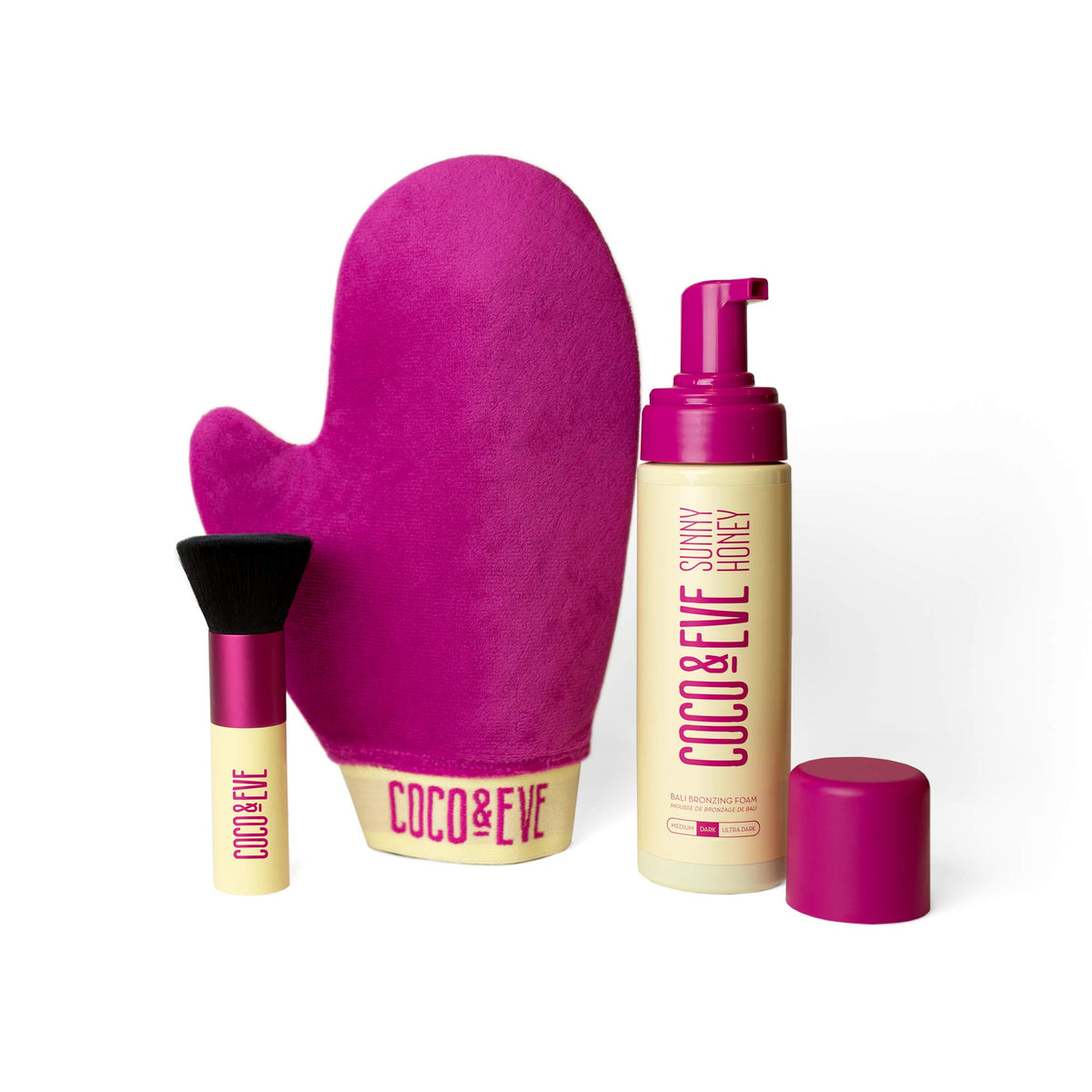 Coco & Eve front bottle shot showing medium bronzing foam and packaging benefit