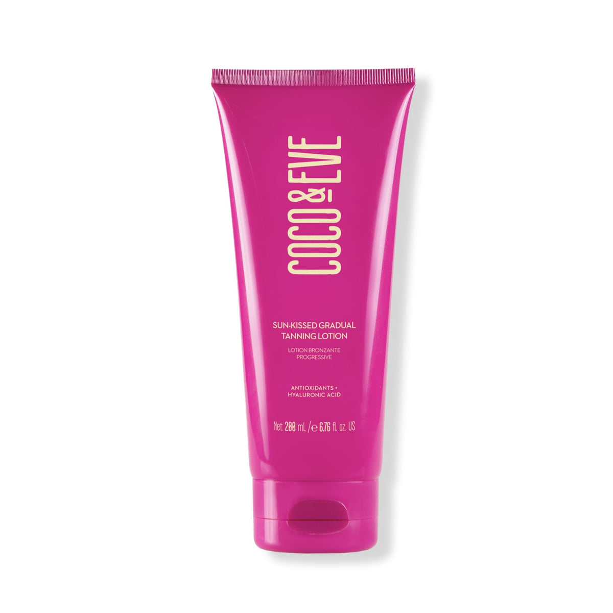 Coco & Eve front bottle view showing sleek packaging and tanning lotion benefits