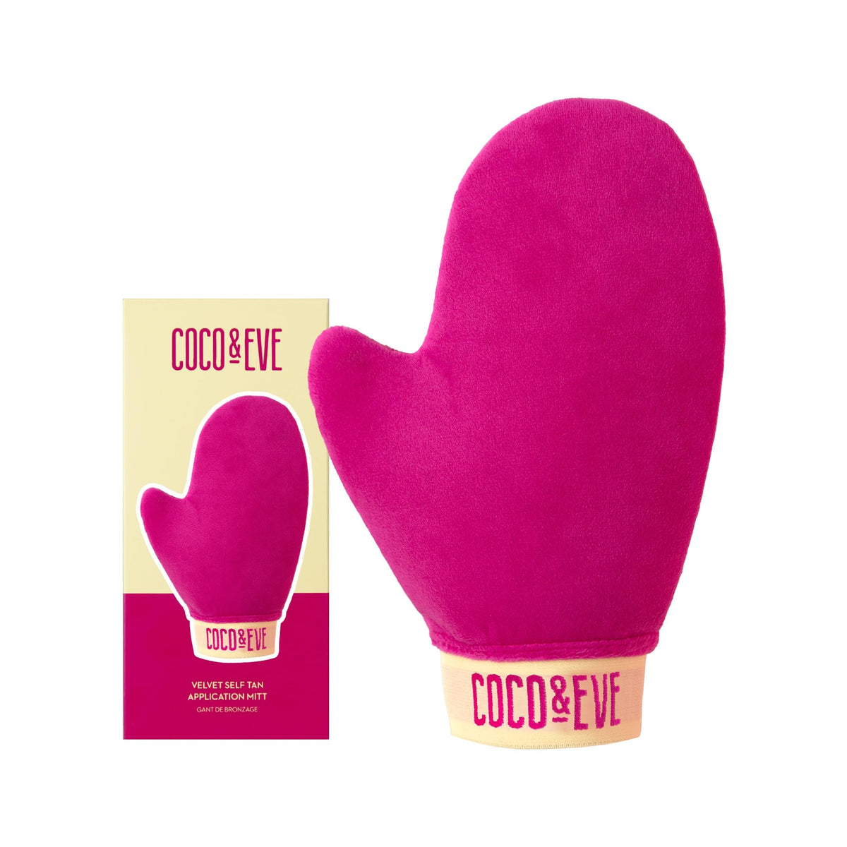 Coco & Eve mitt front view showing plush velvet and secure wrist cuff for smooth tanning
