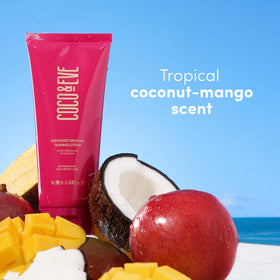 Coco & Eve bottle in a beach bag setting conveying travel-friendly, tropical glow