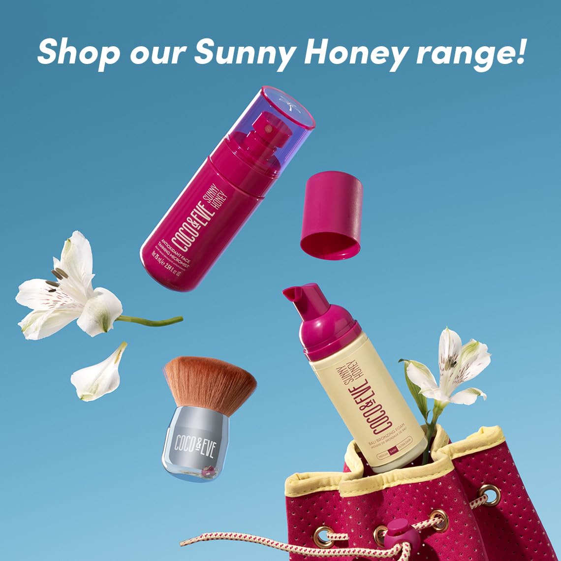 Coco & Eve in a beach bag travel-ready kit for tanning on the go