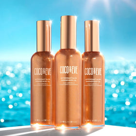 Coco & Eve lifestyle scene on beach at dusk illustrating shimmering skin benefit: event-ready radiance