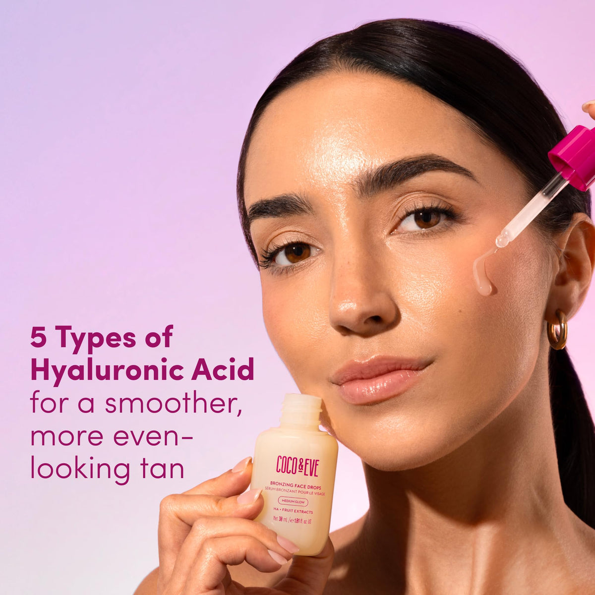 Coco & Eve label close-up listing hyaluronic acids and antioxidant benefit