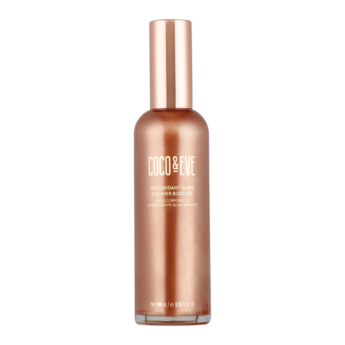 Coco & Eve front bottle view showing pearlescent shimmer and elegant packaging benefit: instant glow