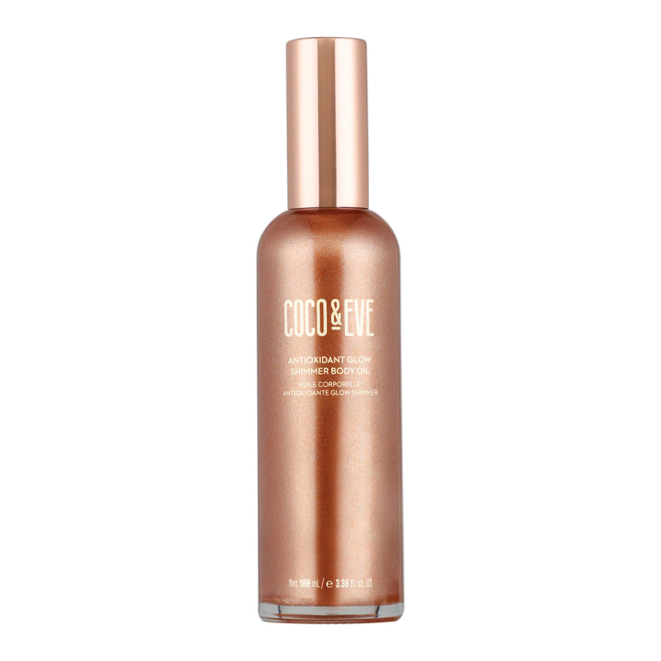 Coco & Eve front bottle view showing pearlescent shimmer and elegant packaging benefit: instant glow