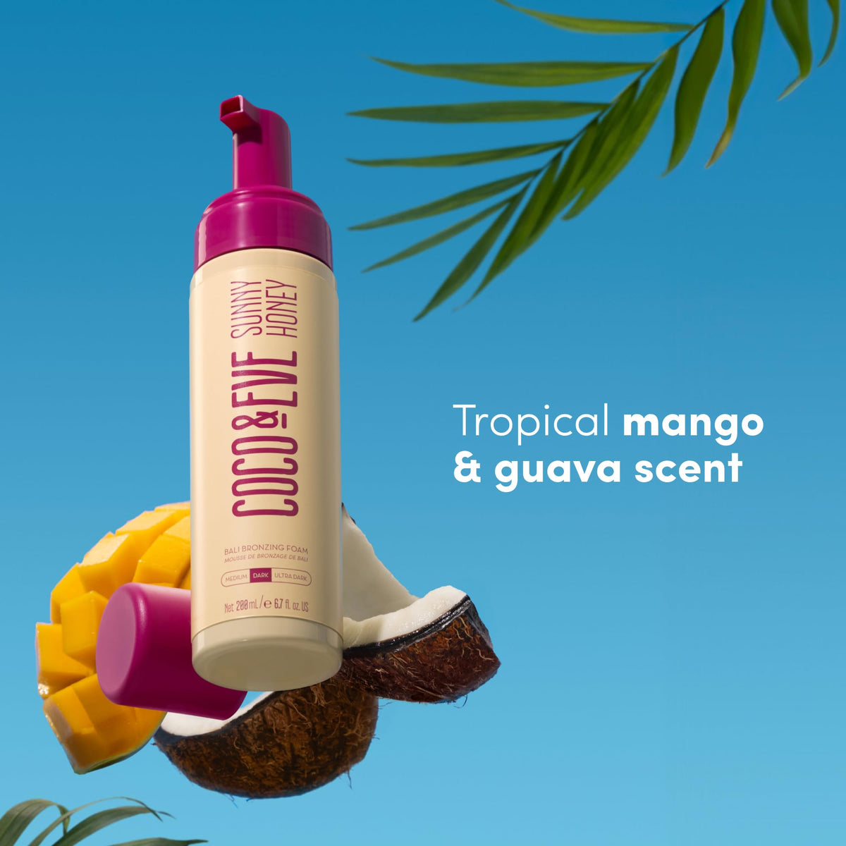 Coco & Eve bottle in beach bag lifestyle shot evoking tropical, vacation scent