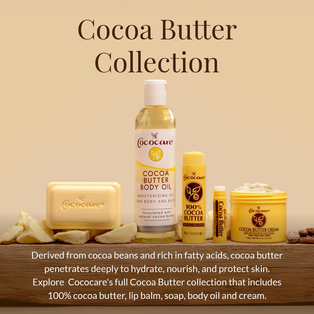 COCOCARE cocoa butter and aloe vera ingredients display emphasizing natural nourishment