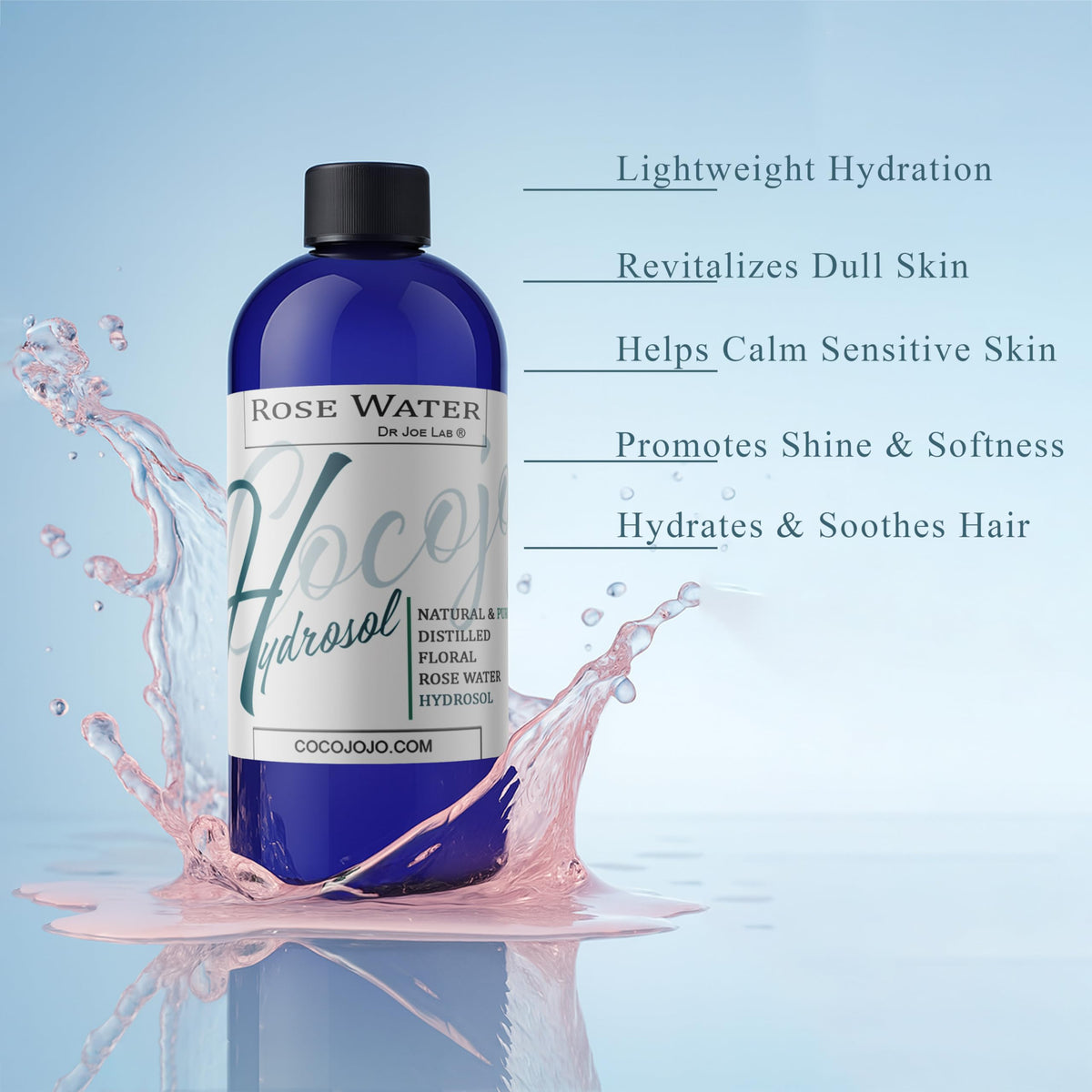 cocojojo close-up of rose hydrosol liquid texture highlighting gentle, pure formulation