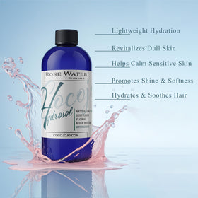 cocojojo close-up of rose hydrosol liquid texture highlighting gentle, pure formulation