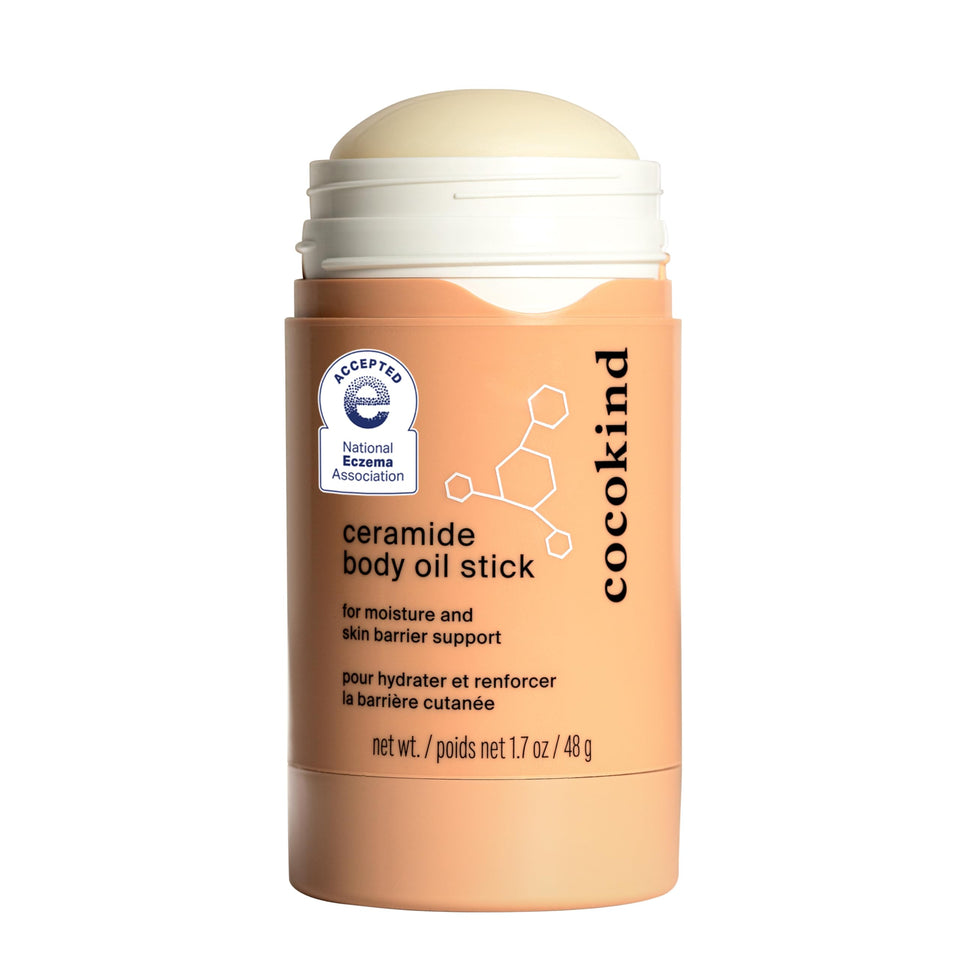 Cocokind front packaging of ceramide body oil stick shows compact travelable design and clean branding