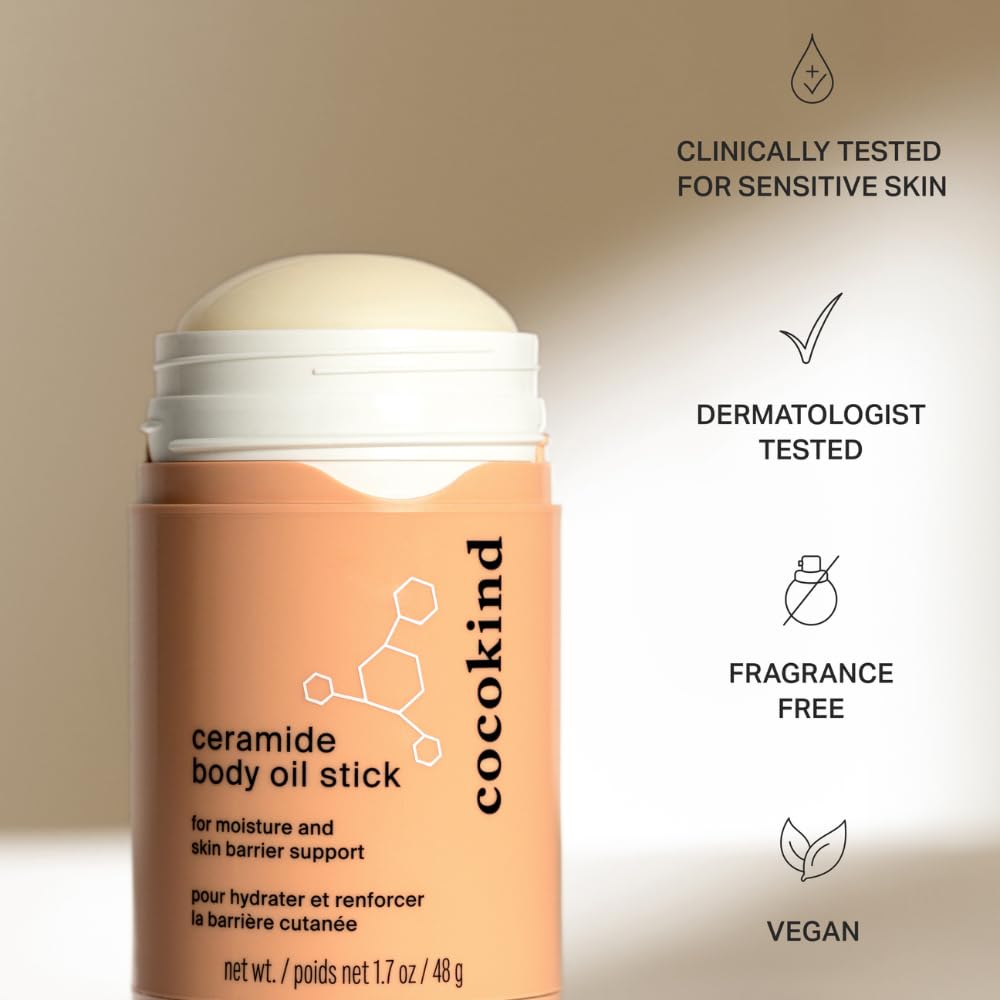 Cocokind open twist-up ceramide oil stick revealing solid balm for mess-free application benefit