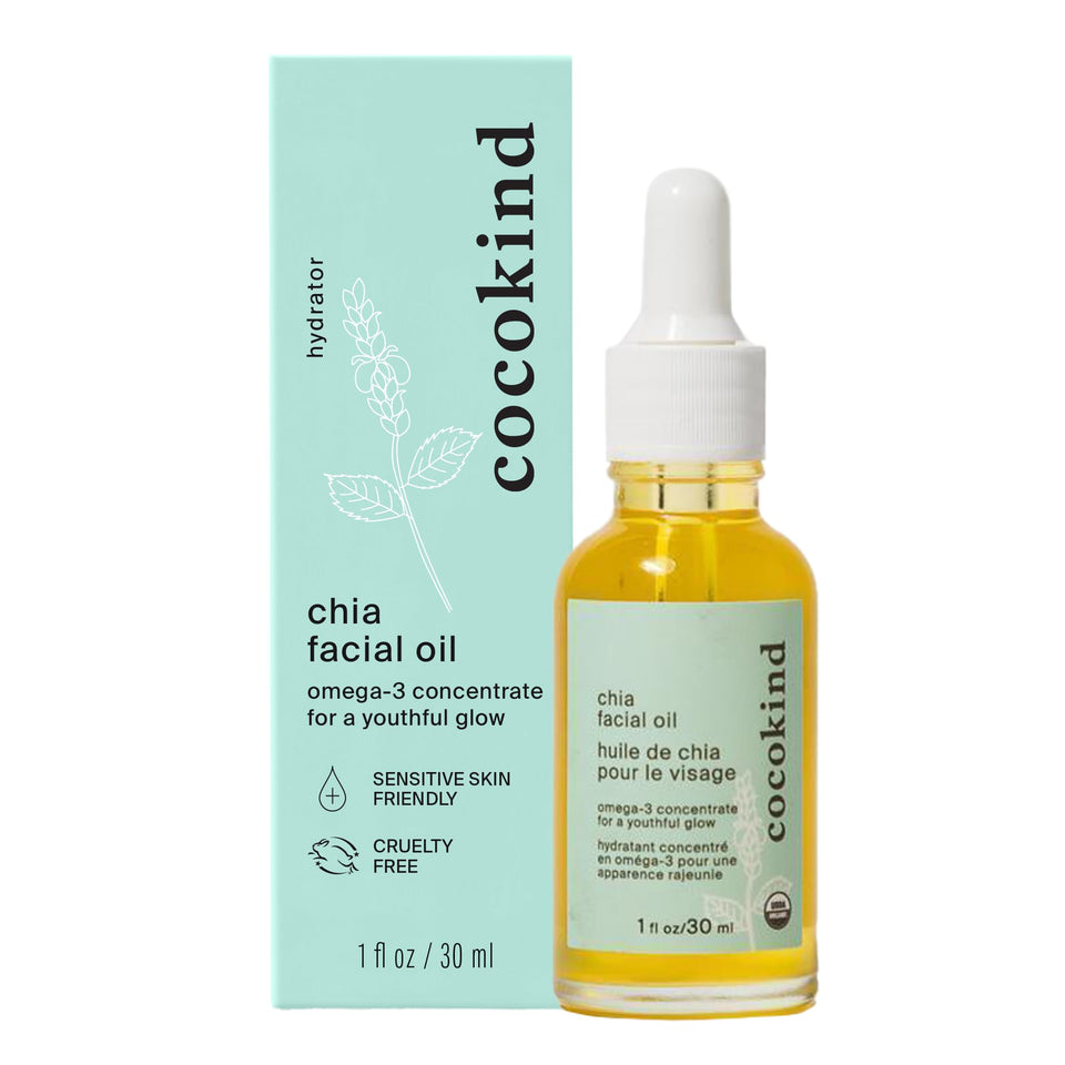 cocokind chia facial oil front bottle showing label and size for clear identification and benefit