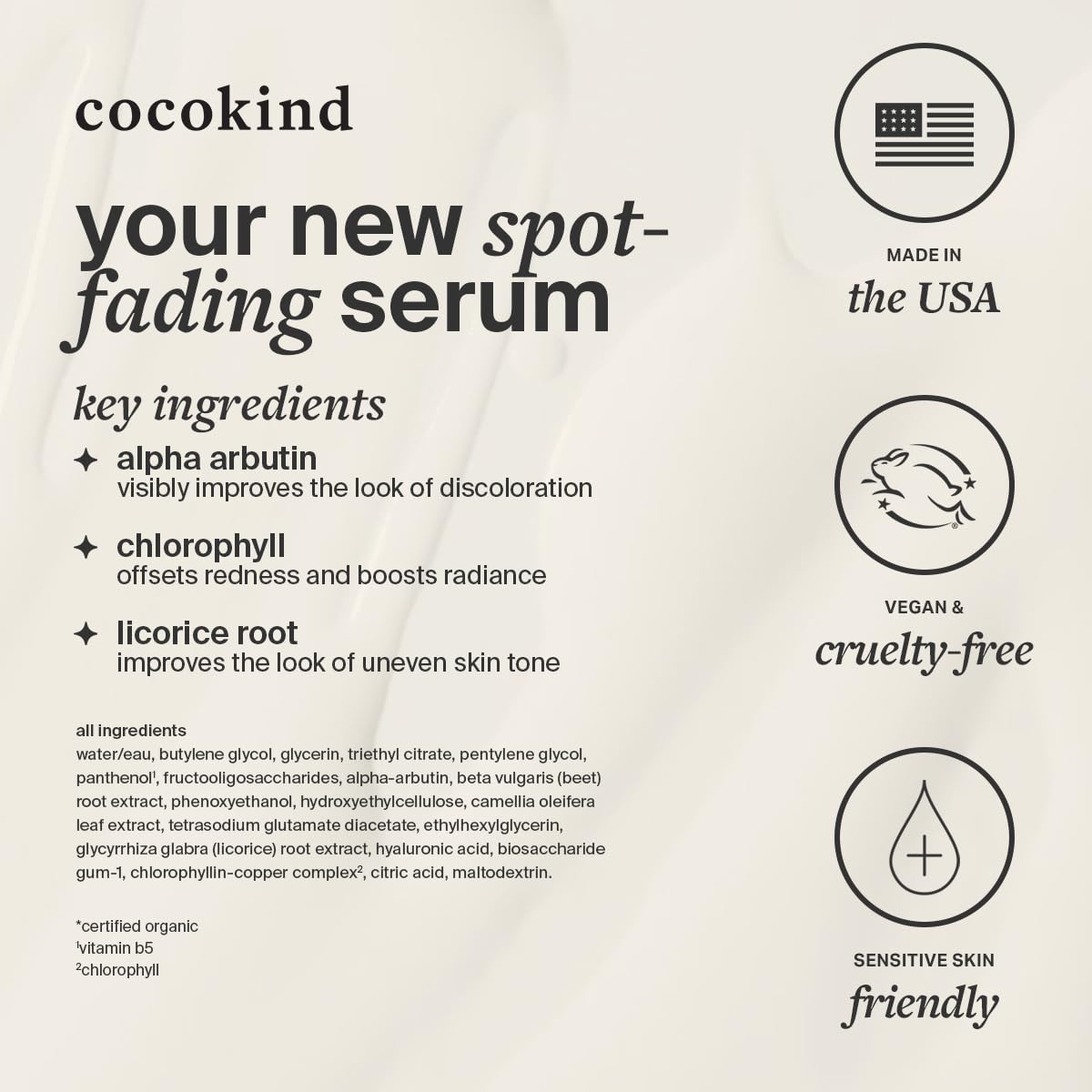 Cocokind label close-up displaying active 1% alpha arbutin and gentle, allergen-free claims