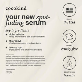 Cocokind label close-up displaying active 1% alpha arbutin and gentle, allergen-free claims