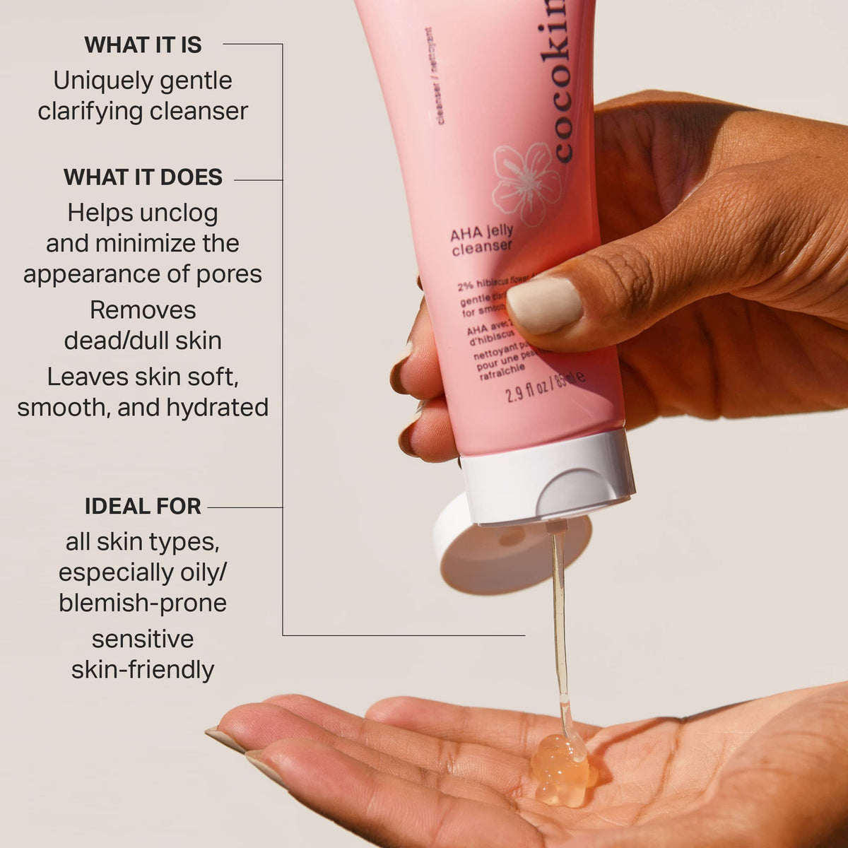 COCOKIND jelly cleanser texture close-up showing gel clarity and smooth consistency for gentle cleansing