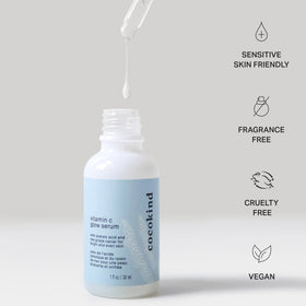 Label close-up on Cocokind Vitamin C Glow Serum bottle, shows ingredient focus and usage notes