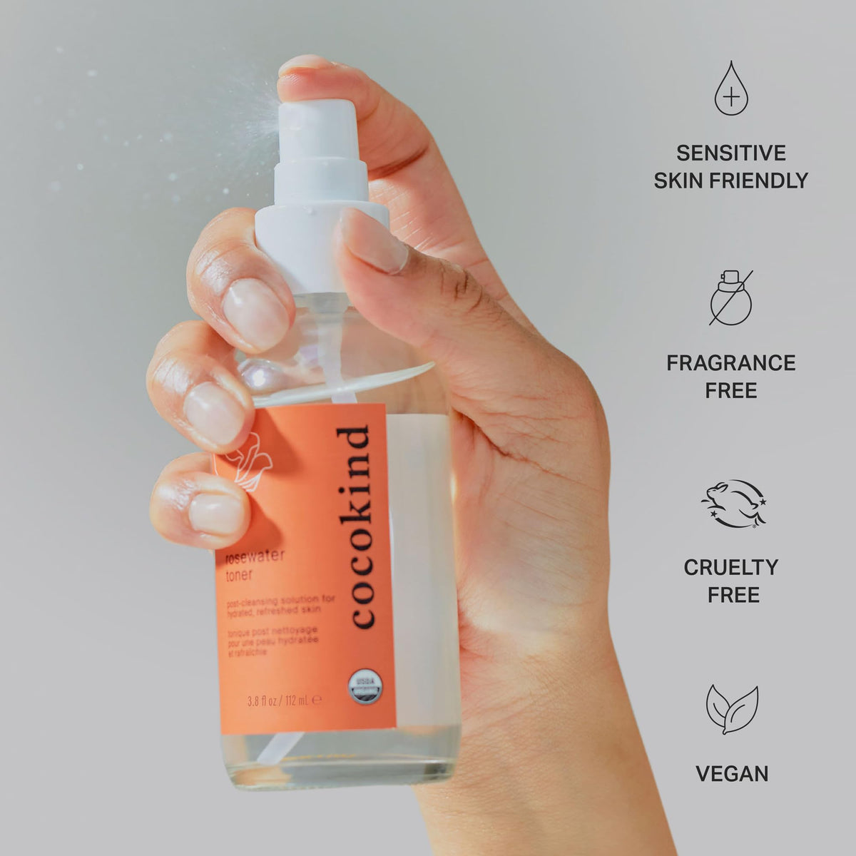 Cocokind mist applied to scalp showing soothing hydration and scalp comfort