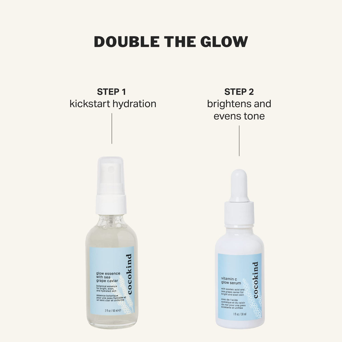 Lifestyle bathroom scene with Cocokind serum beside cleanser and SPF, suggests morning routine benefit