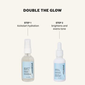 Lifestyle bathroom scene with Cocokind serum beside cleanser and SPF, suggests morning routine benefit