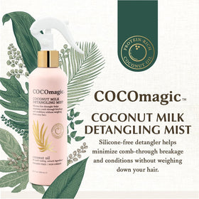 Cocomagic mist droplets on hair showing lightweight hydration and shine
