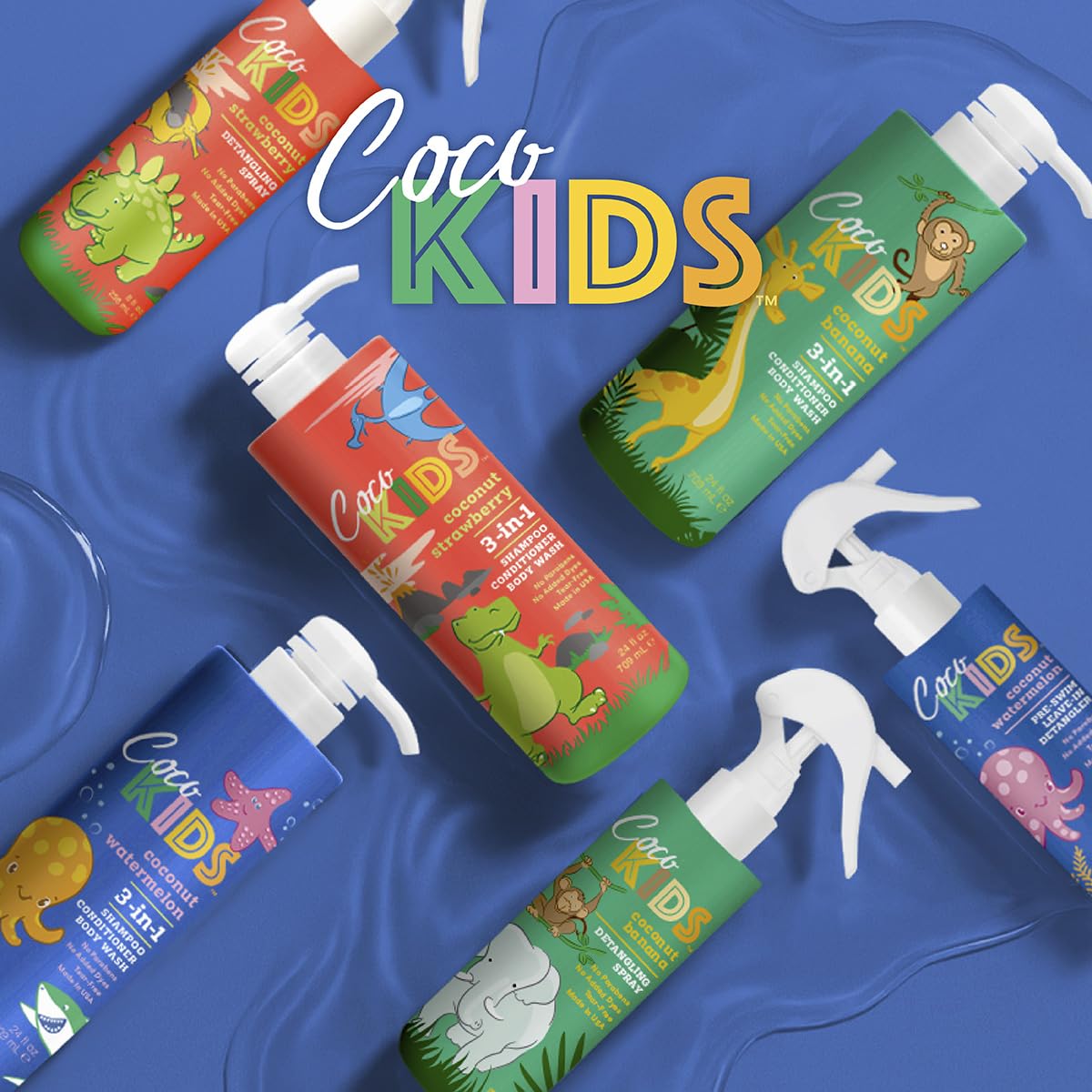 Cocomagic bottle in tropical shower setting evoking fresh scent