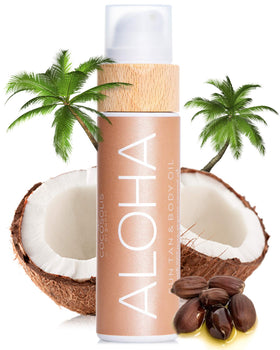COCOSOLIS ALOHA front packaging showing bottle and brand, highlights organic tanning benefit