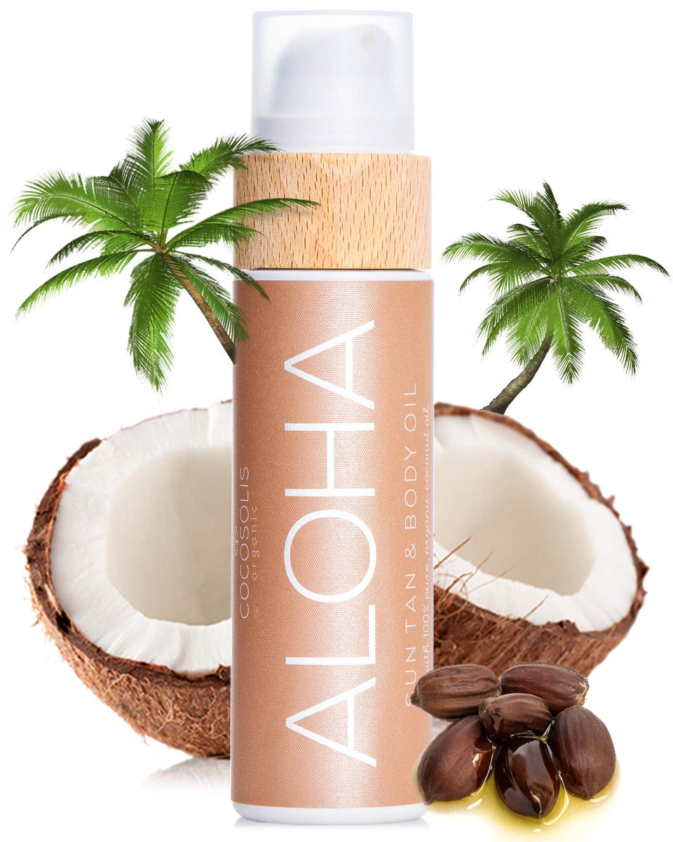 COCOSOLIS ALOHA front packaging showing bottle and brand, highlights organic tanning benefit
