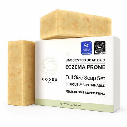 Codex Labs front packaging showing unscented eczema soap for gentle cleansing