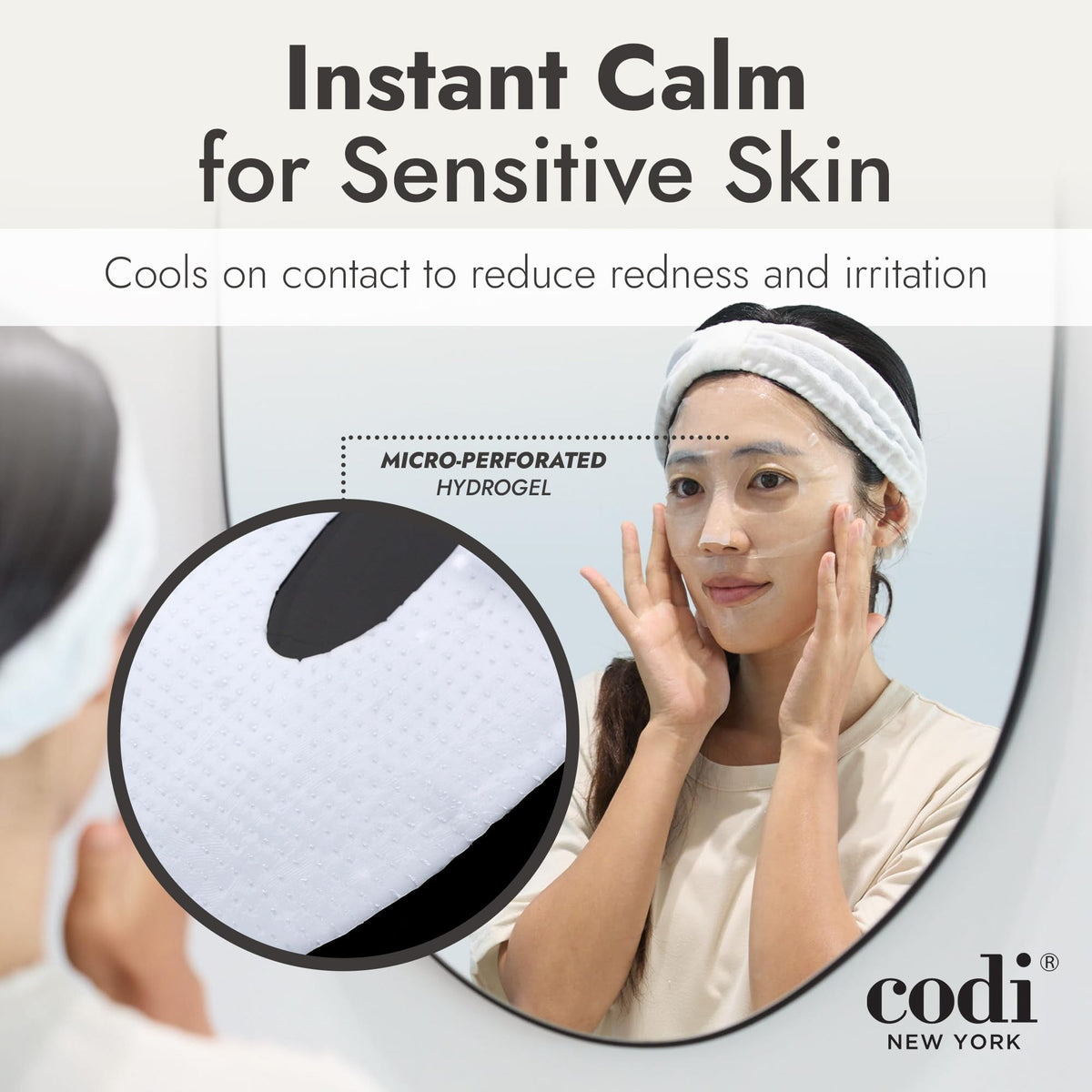 Codi New York mask next to hand for scale showing sheet size and coverage