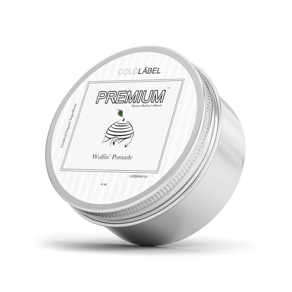 COLDLABEL Wolfin Pomade jar front view shows product branding and neat packaging benefits