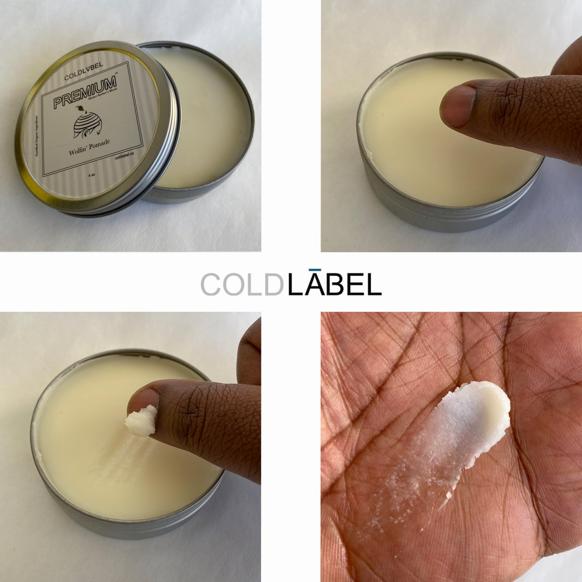 COLDLABEL Wolfin Pomade next to a hand for size comparison and portability benefit