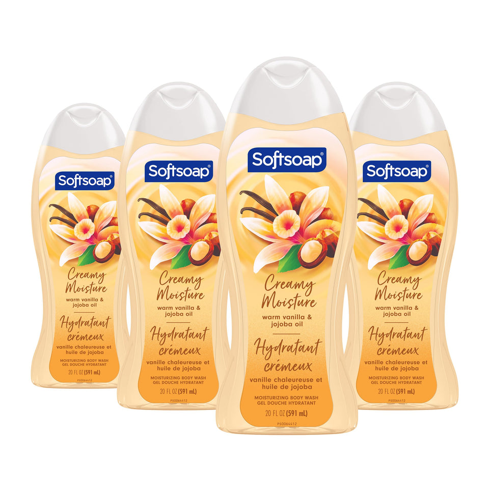 Colgate Softsoap front packaging showing vanilla and jojoba, highlights moisturizing benefit