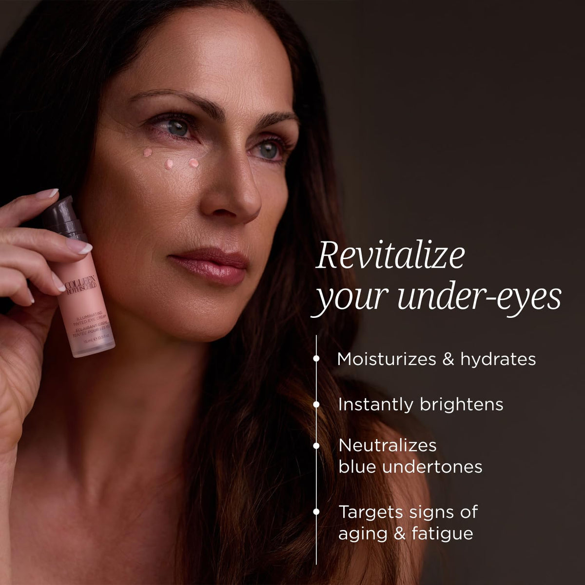 Colleen Rothschild applying tinted eye cream with fingers for smooth coverage
