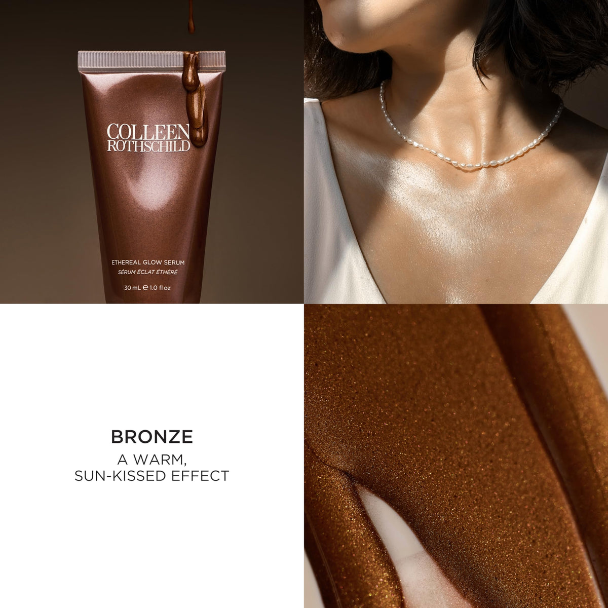 Colleen Rothschild applying serum to cheek highlighting instant luminous finish benefit