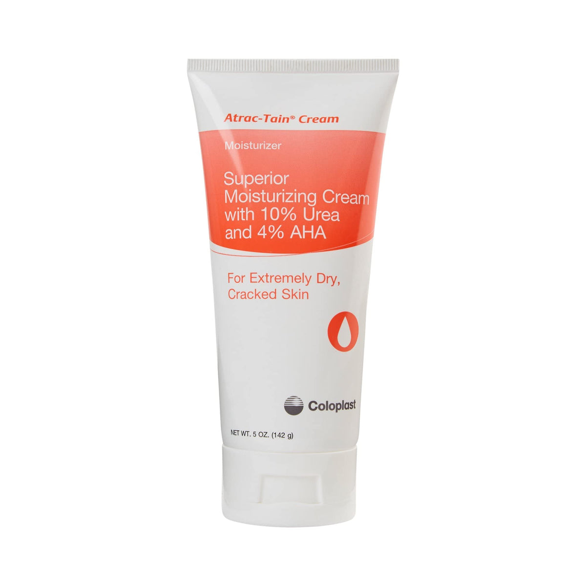 Coloplast Atrac-Tain front tube showing product name and 5 oz size, clear benefits