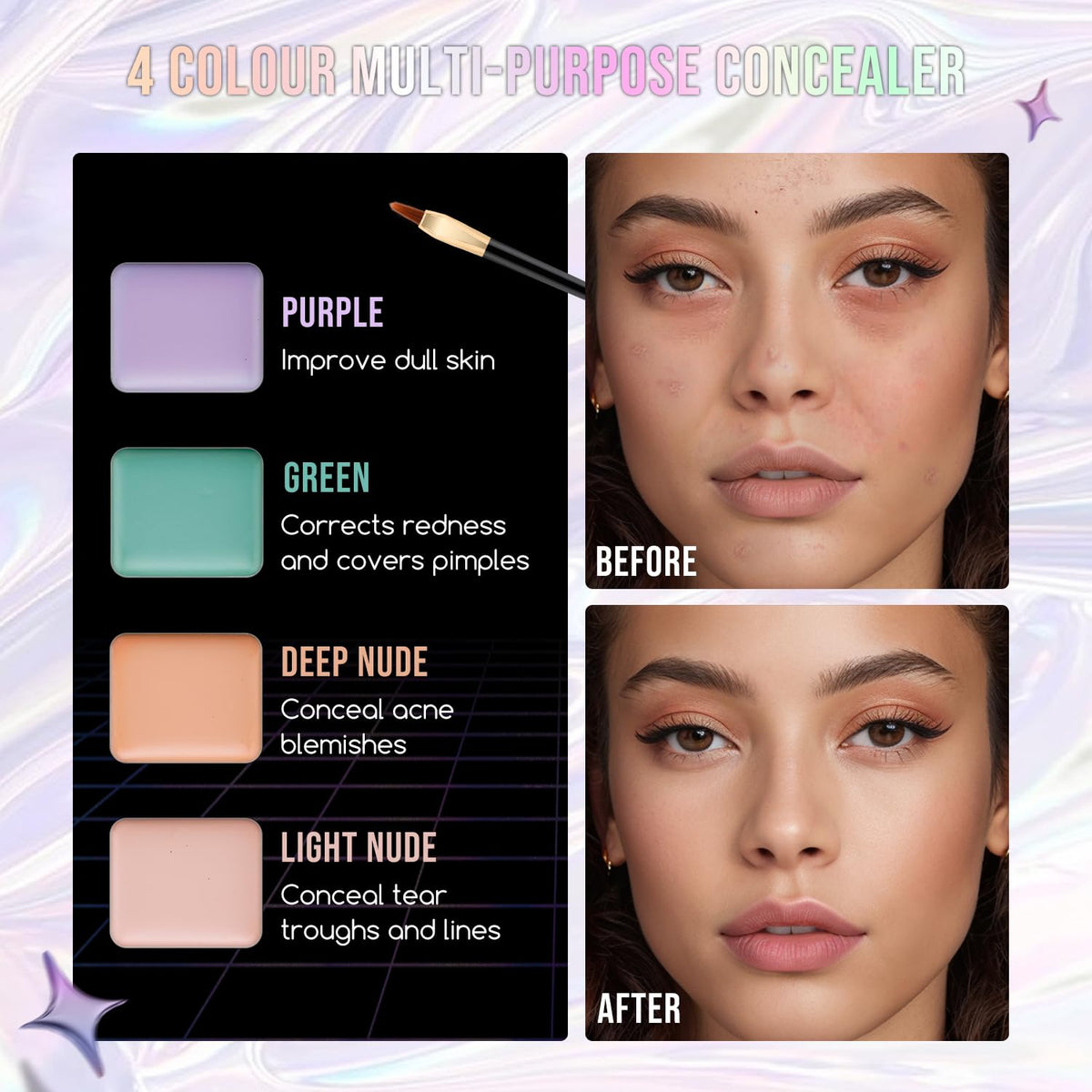 Color Nymph brushes beside built-in mirror, tools for easy application