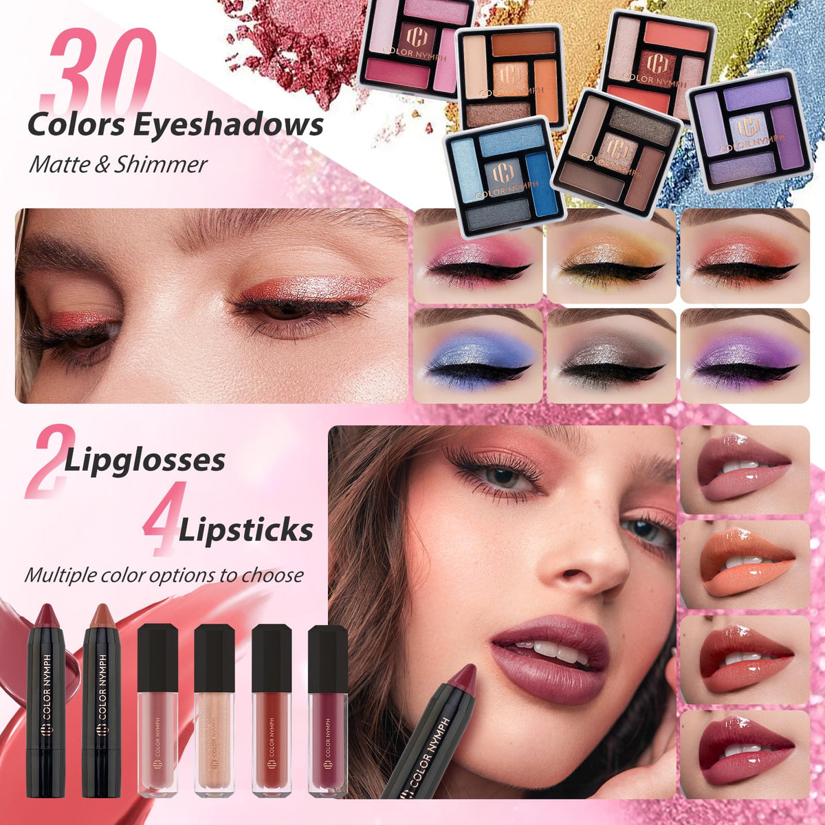 Color Nymph close-up of 30 eyeshadows showing textures and finishes for creative looks