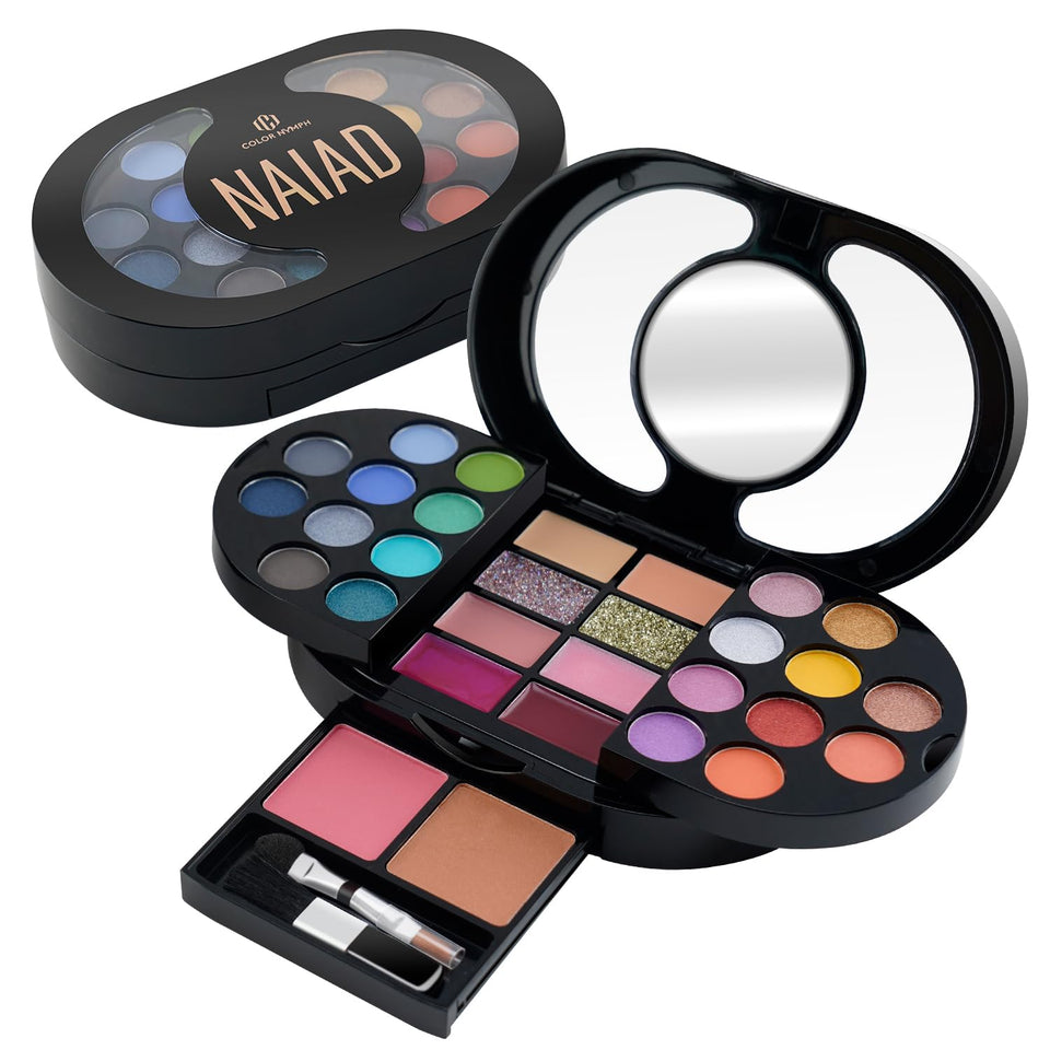 Color Nymph front-open palette showing full kit and mirror for portable convenience