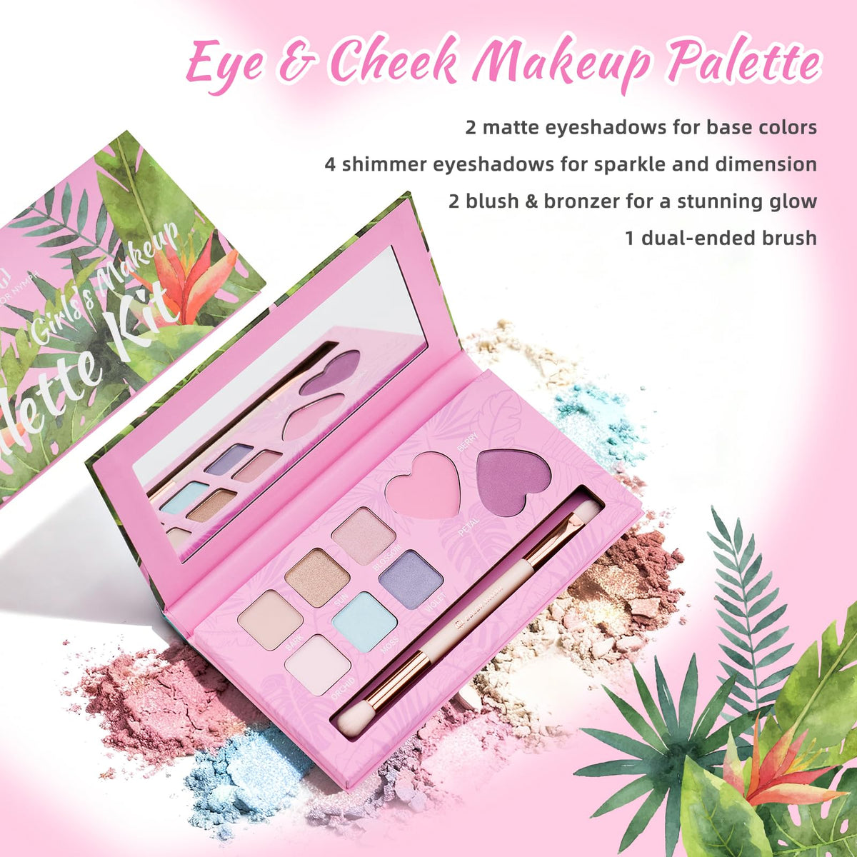 Color Nymph open palette top view revealing eyeshadows and cheek shades