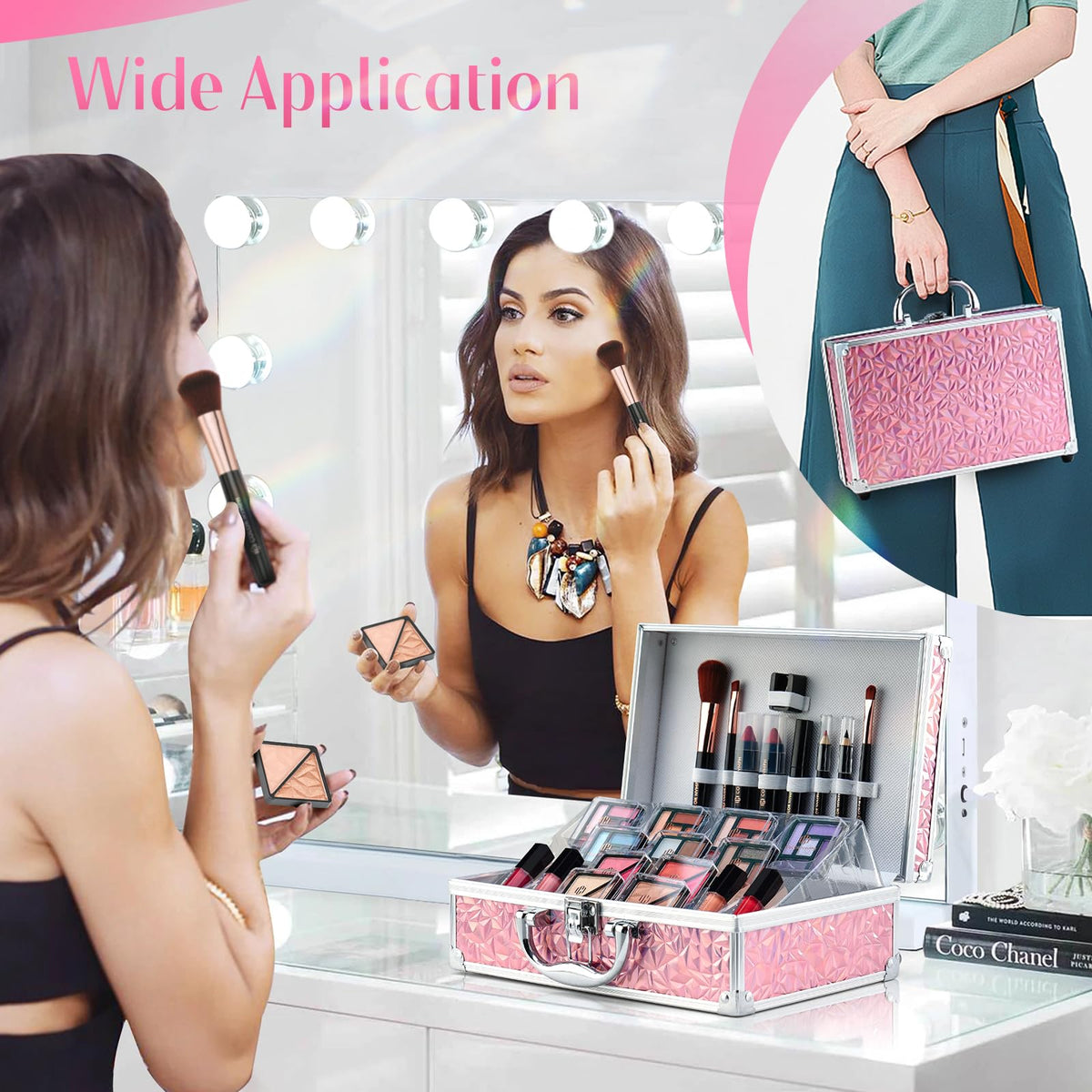 Color Nymph train case packed with mirror visible, travel-ready organization benefit