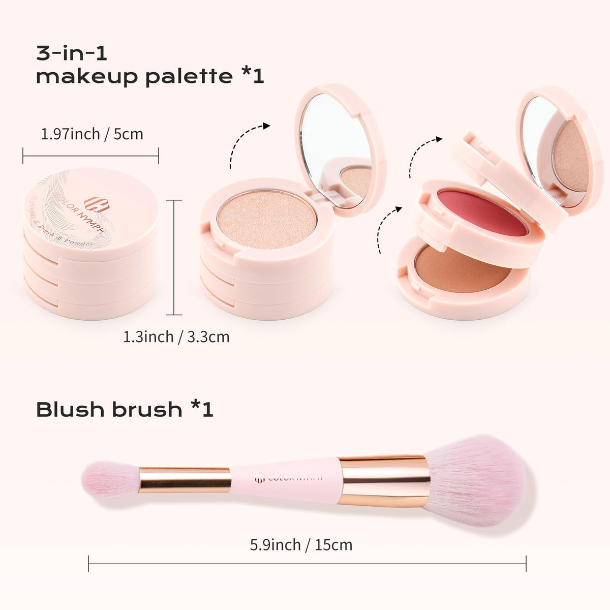 Color Nymph stacked palette side view open displaying organized blush contour highlighter
