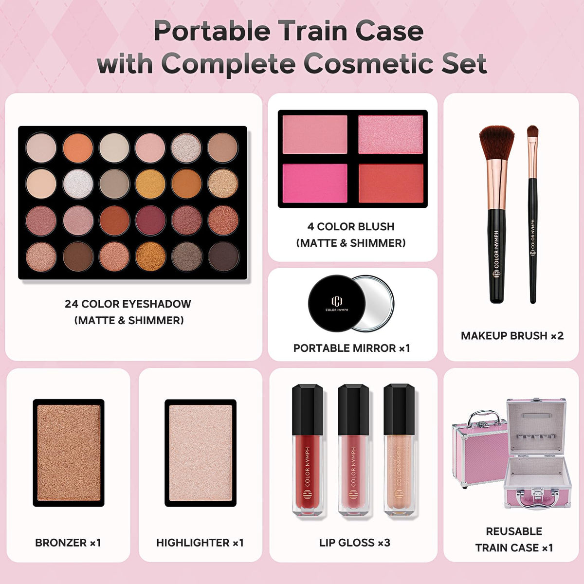 Color Nymph pink small train case exterior with secure zipper