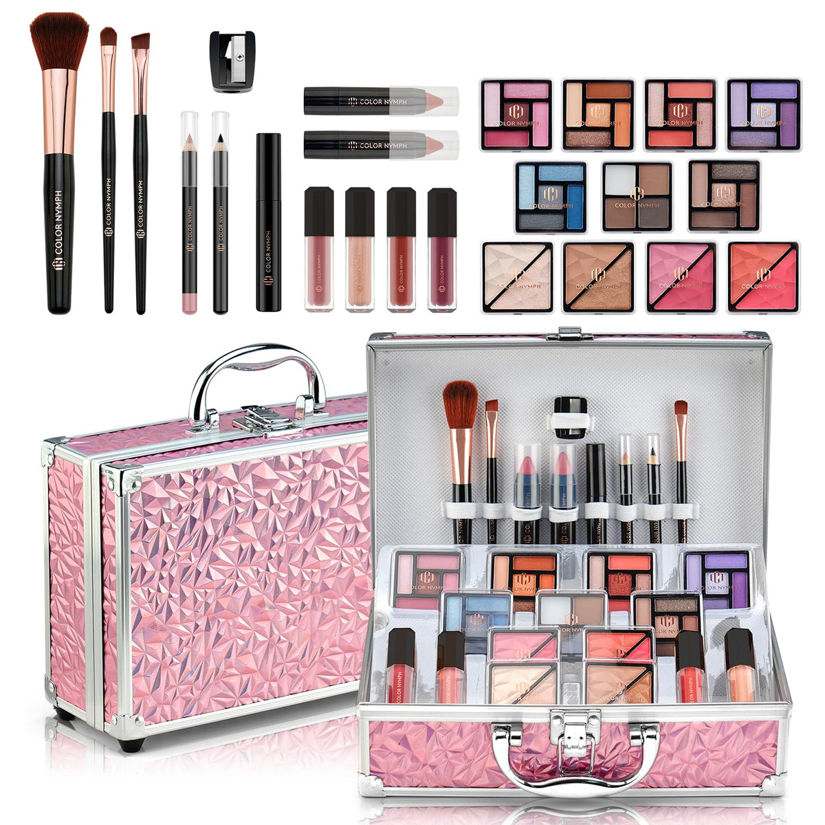Color Nymph train case open showing organized compartments and mirror, easy storage benefit