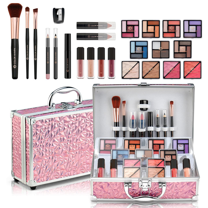 Color Nymph train case open showing organized compartments and mirror, easy storage benefit