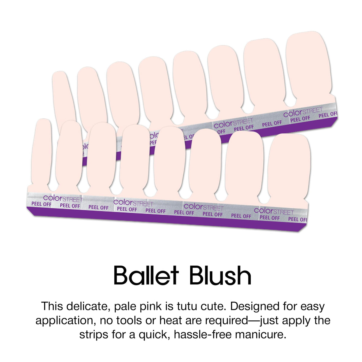 Color Street hand applying Ballet Blush strip demonstrating quick mess-free application